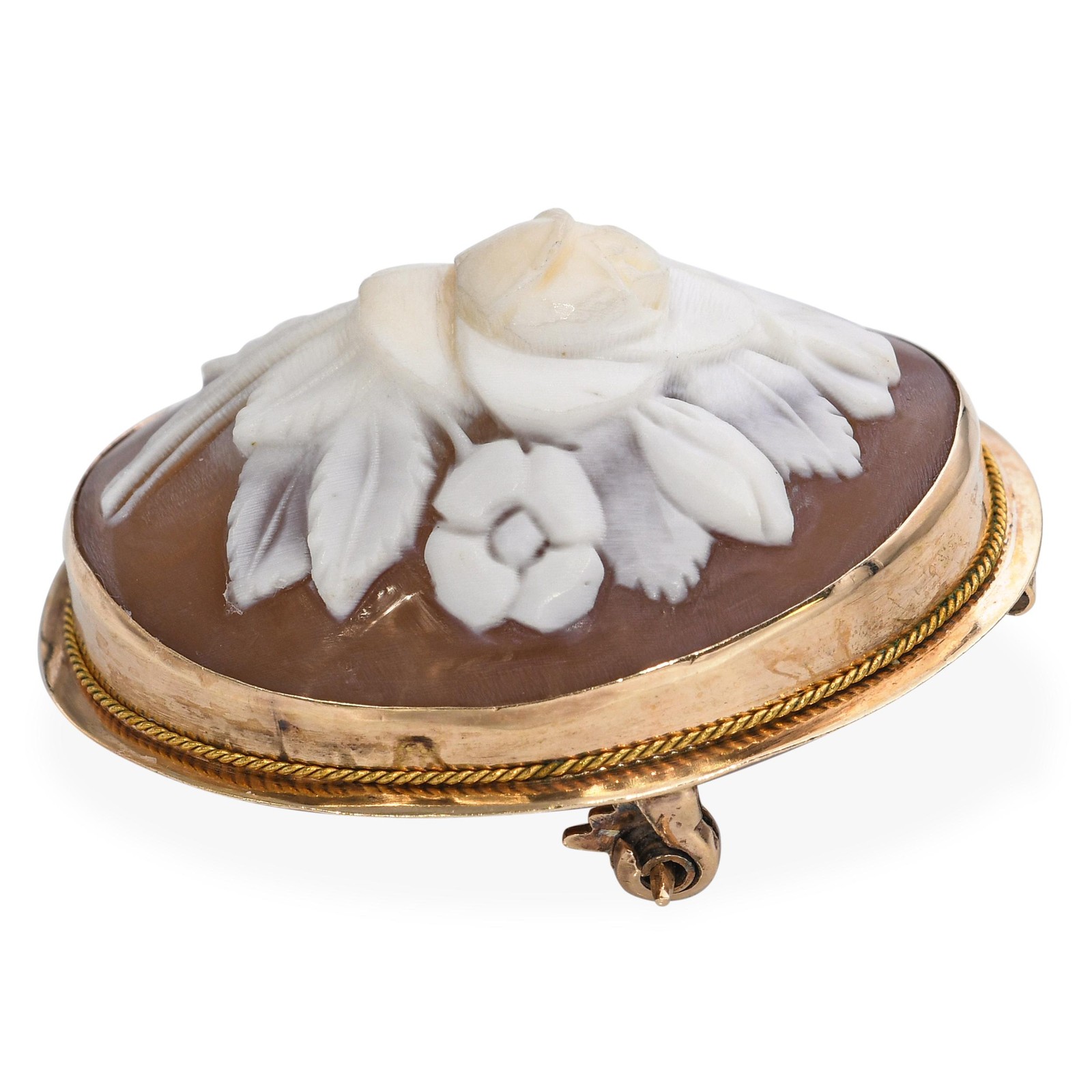 Vintage 10k Yellow Gold Floral Motif Shell Cameo Brooch