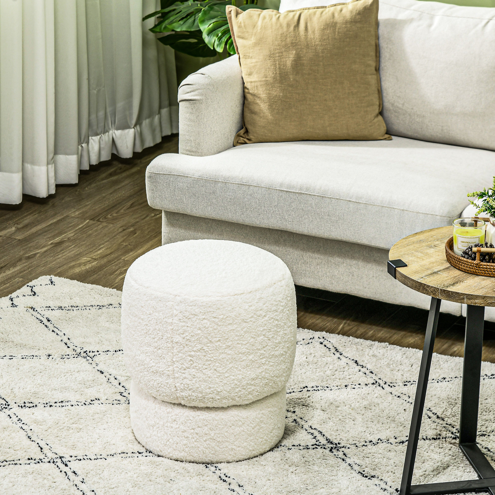 HOMCOM Round Ottoman Foot Stool with Fabric Upholstered Seat, Cream White