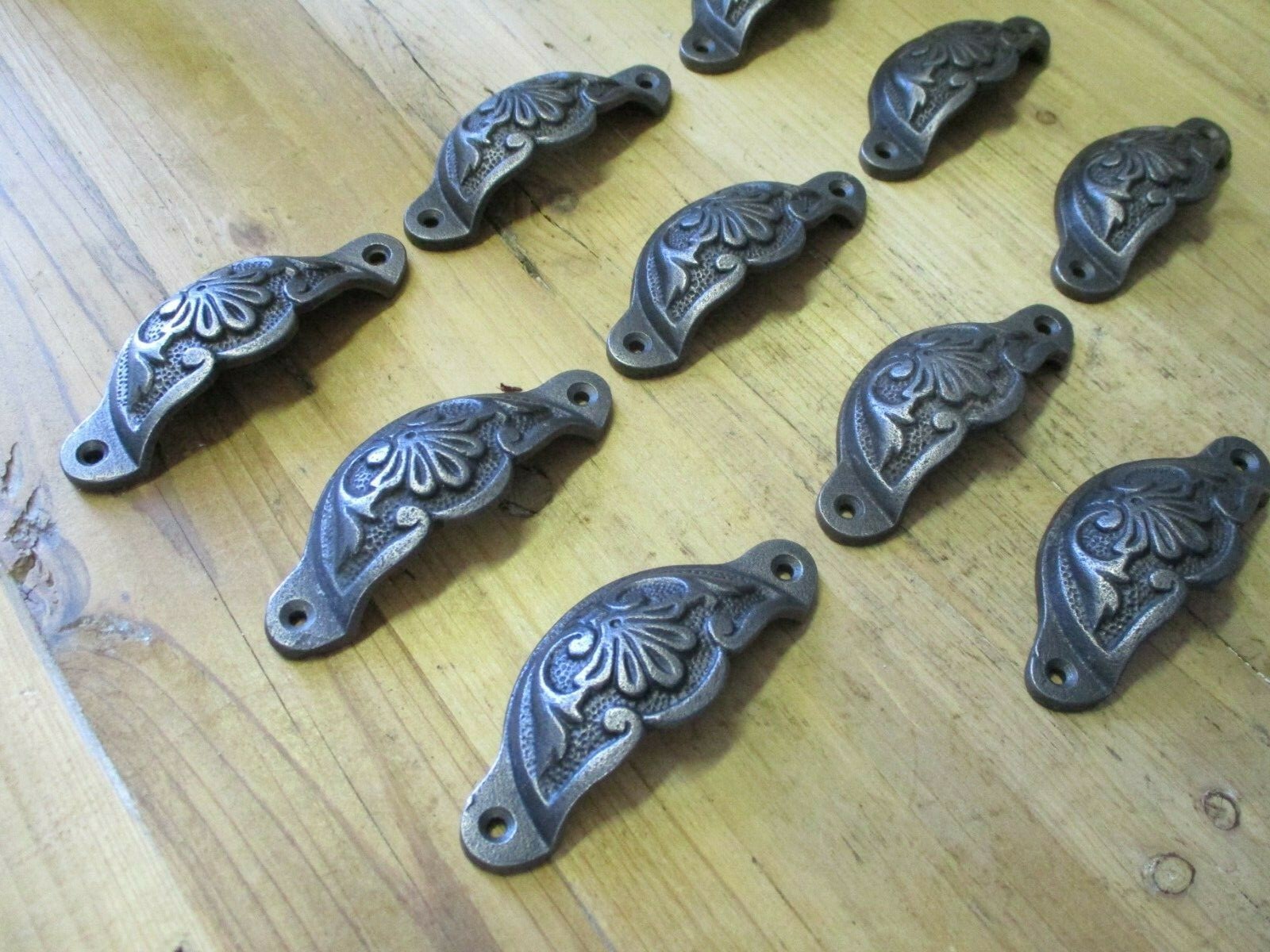 10 CUP PULLS 4 1/8 WIDE DRAWER VICTORIAN BIN HANDLES ANTIQUE LOOK IRON BEAUTIFUL