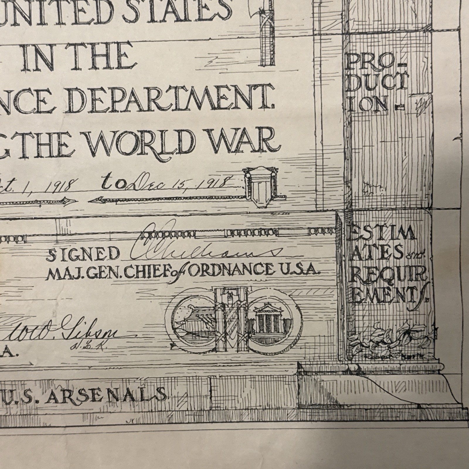WWI US War Department Certificate of Service Forrest Campbell Chief of Ordnance
