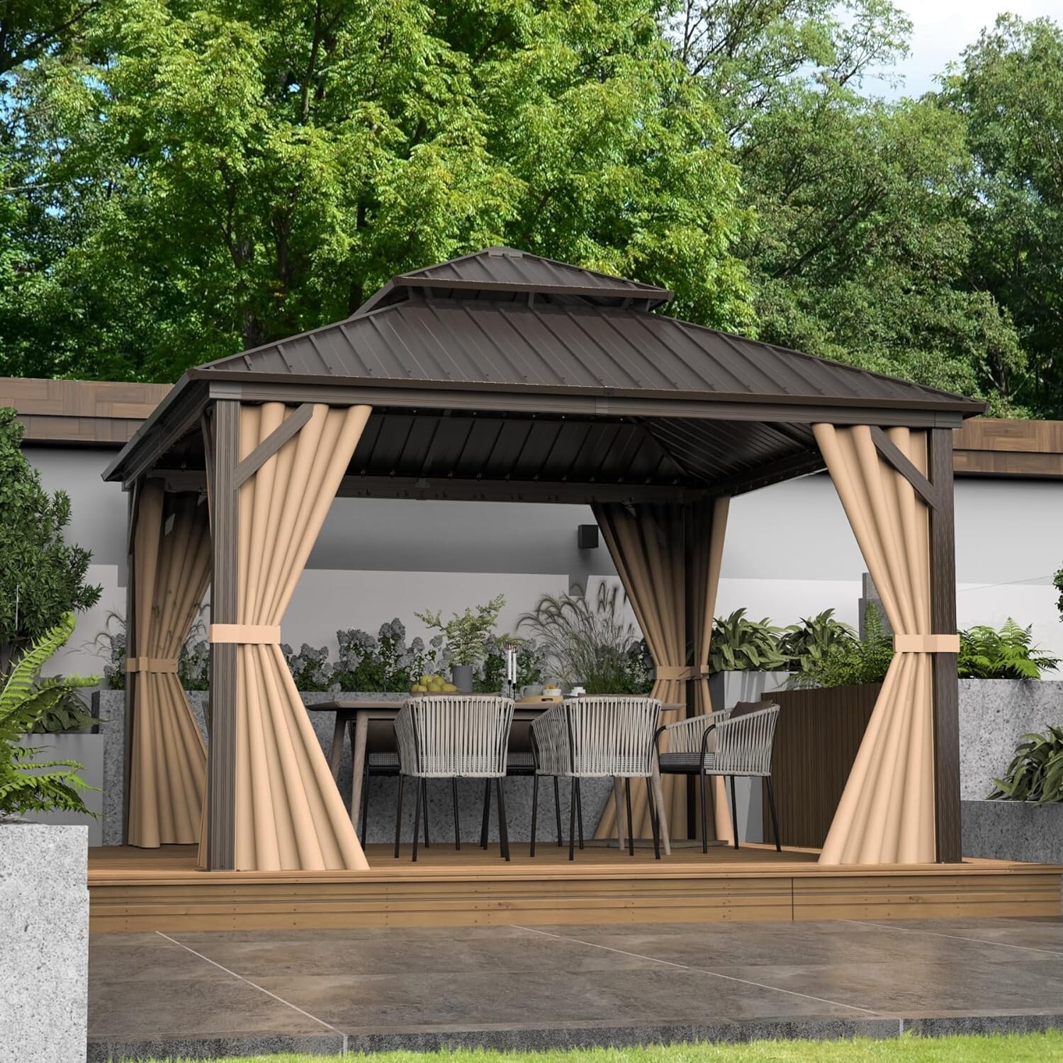 Domi 12' x 12' Hardtop Gazebo Outdoor Aluminum Gazebo w/Curtain and Net, Brown