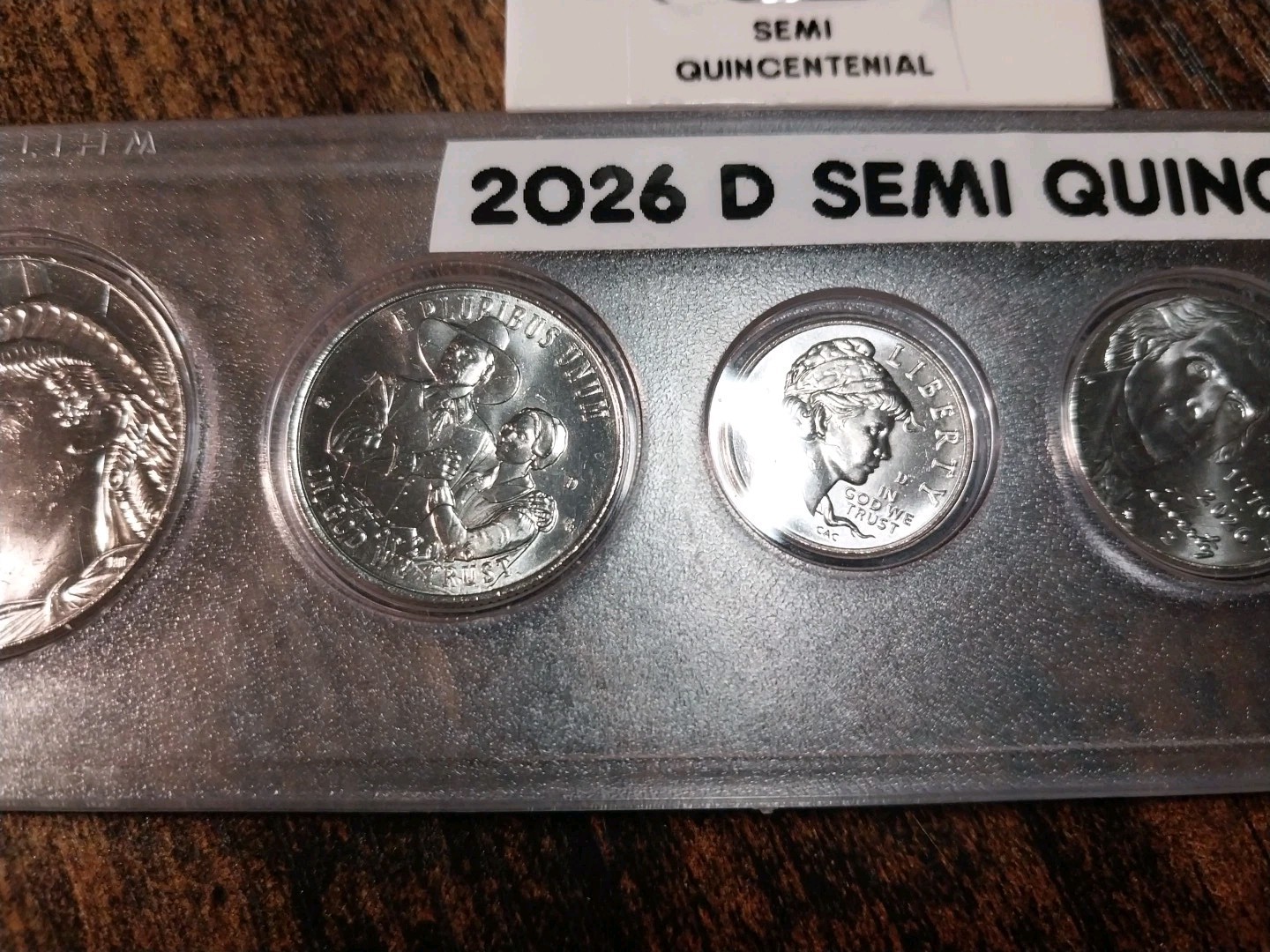 6 COIN SET W/DOLLAR 2026D WITH 2025 D CENT IN HOLDER W/LABELS SEMI QUINCENTENIAL