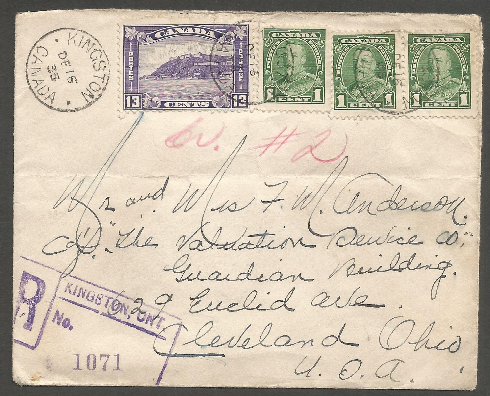1935 Tied Xmas Label on Registered Cover 16c Quebec #201 RPO(2) CDS Kingston Ont