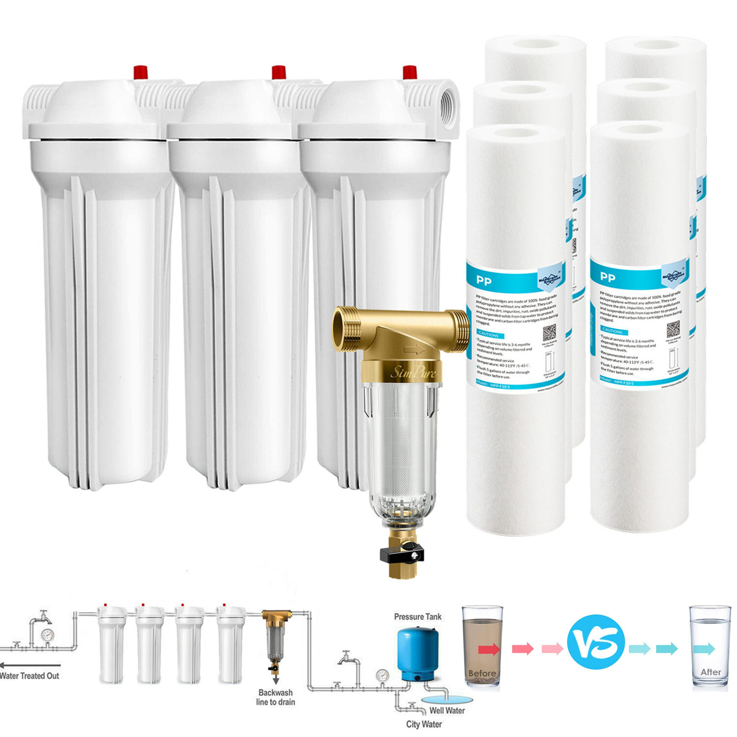 10 Inch Whole House Water Filter Housing System 10" x2.5" PP Sediment Cartridge