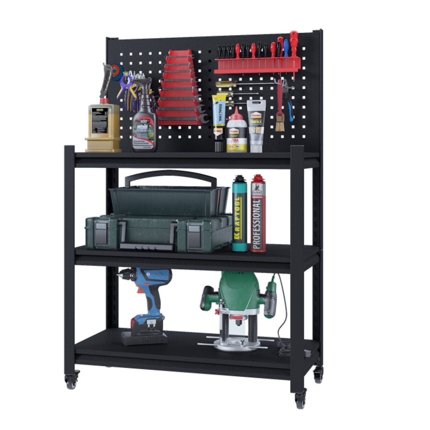 Garage Workbench Tool Storage Shelves w/Pegboard Metal Work Bench With 4 Wheels