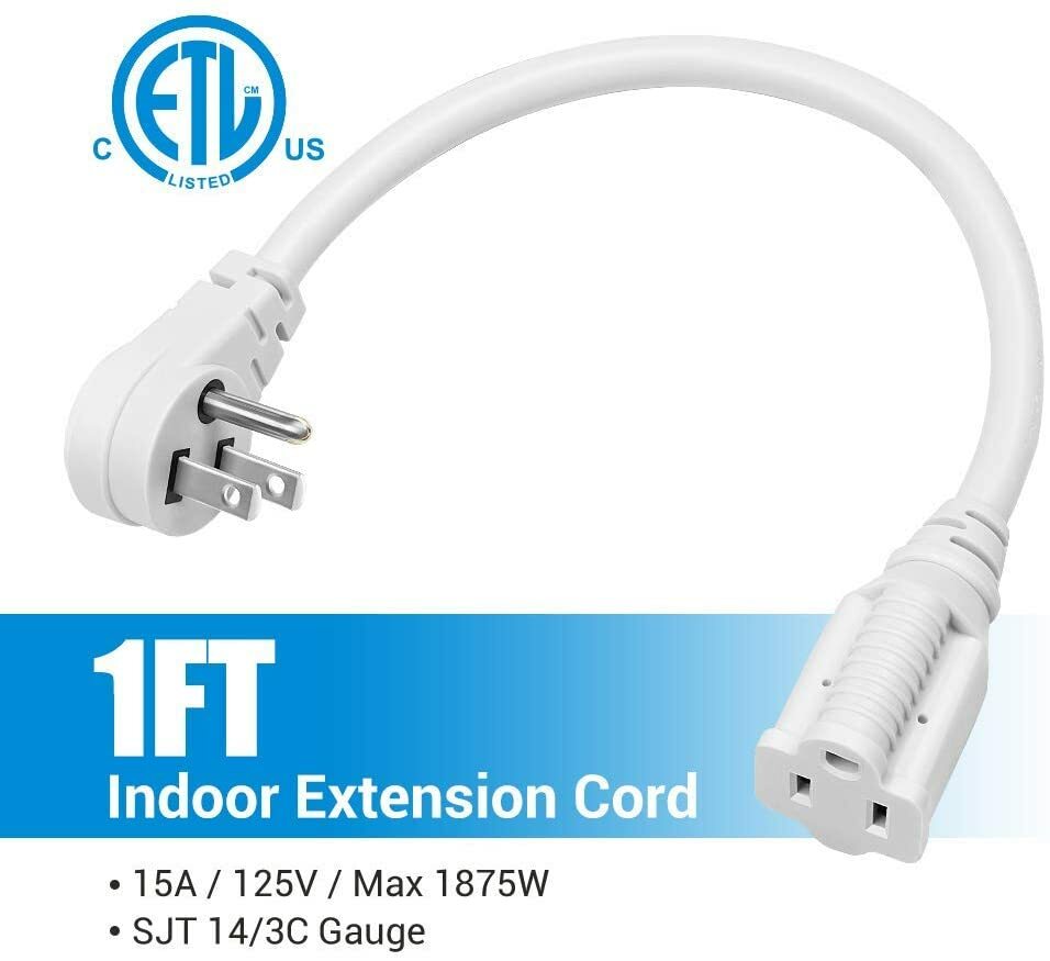 DEWENWILS 3 Pack Short Flat Plug Extension Cord 1 Foot 14 Gauge Heavy Duty White