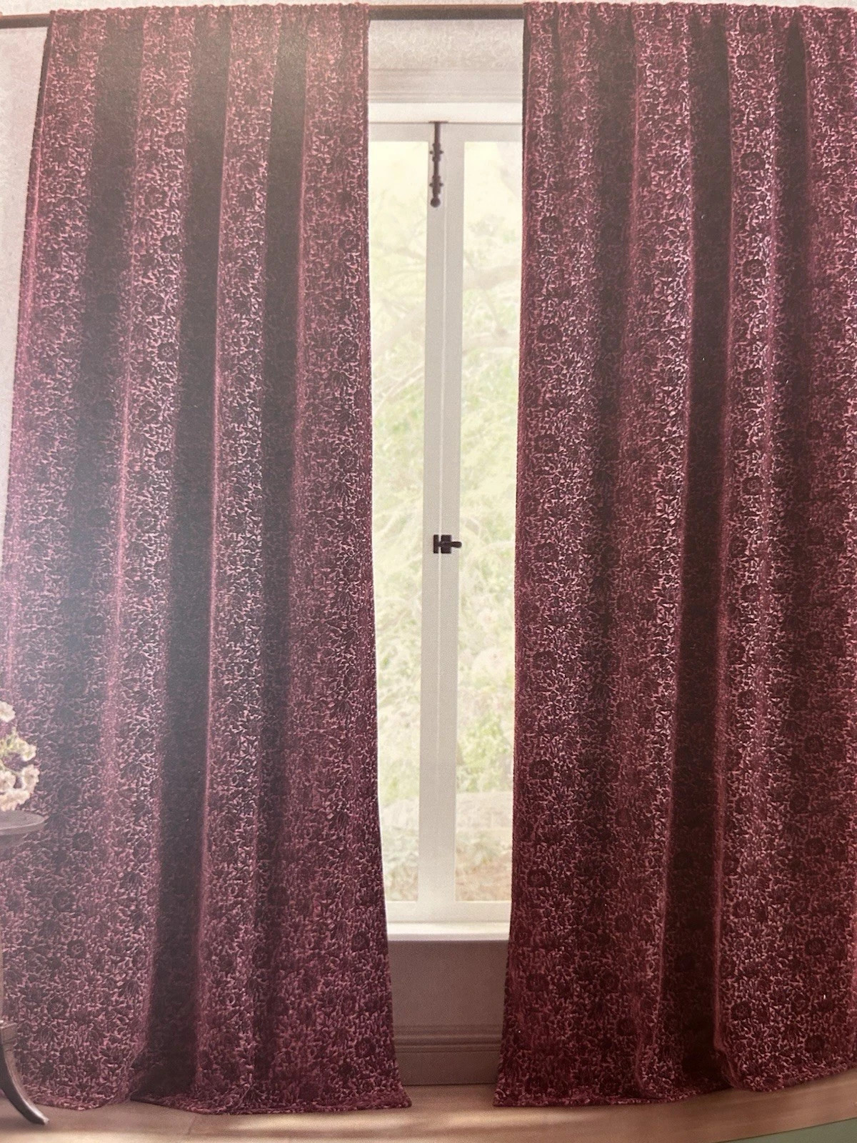 Morris & Co Mallow Burgundy Velvet Floral Back Tap Window Curtain 96” 2 Panels