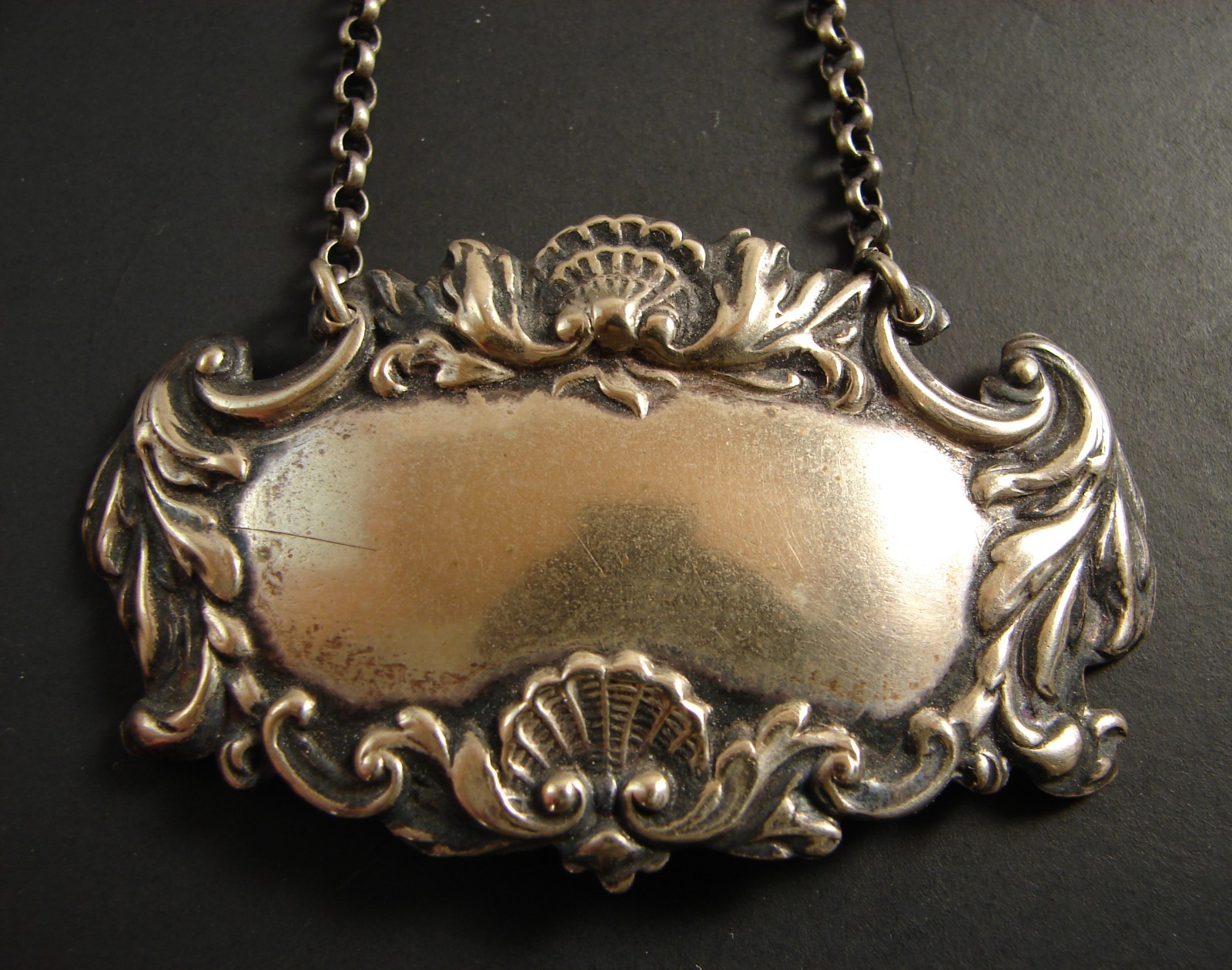 Vintage Silverplate Decanter Label Bottle Hanging Tag Ornate Shell Scroll Design