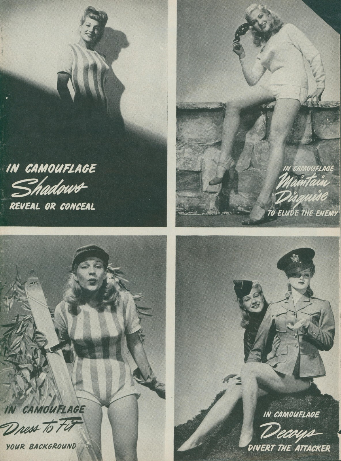 1944 WWII Chili Williams Camouflage Working For Army Pin Up Vtg Print Story L32