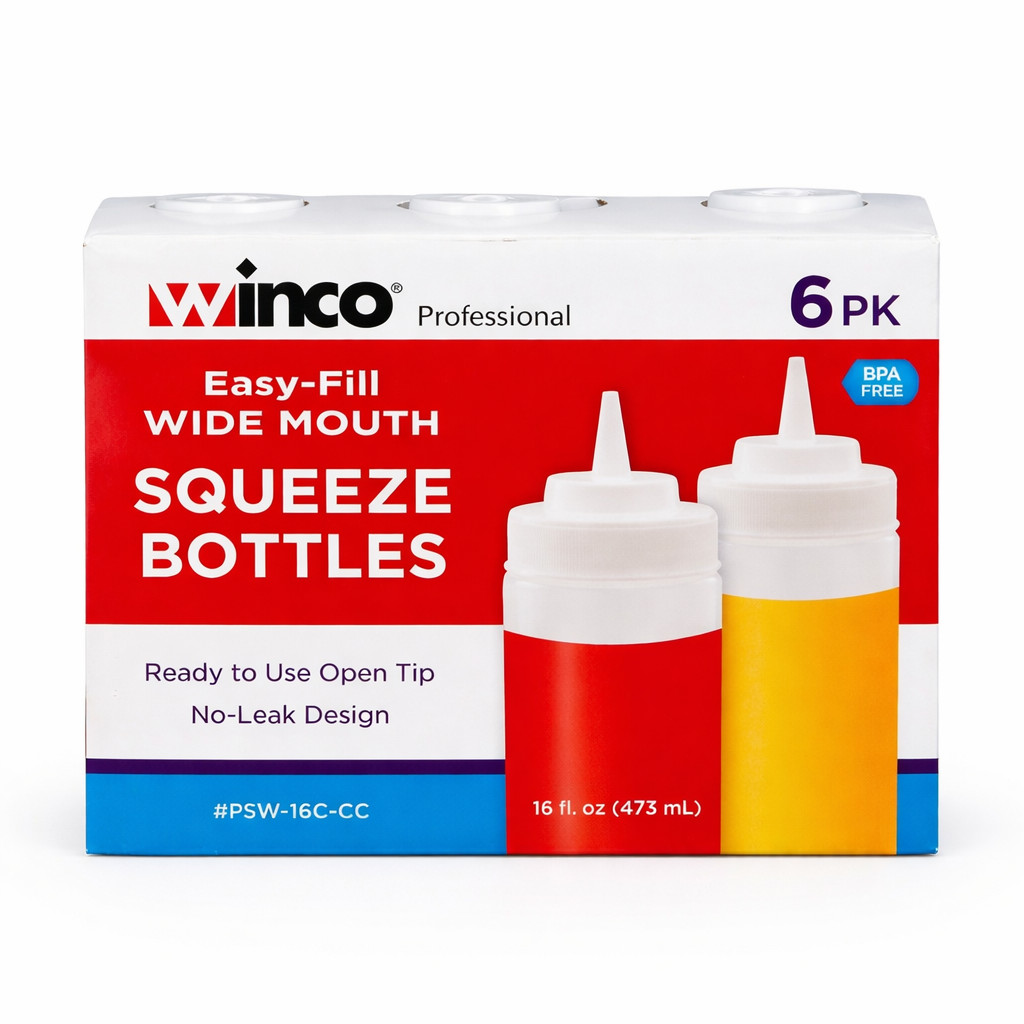 Winco 16oz Clear Wide Mouth Squeeze Bottles PSW-16C-CC BPA Free (6-36 Ct)