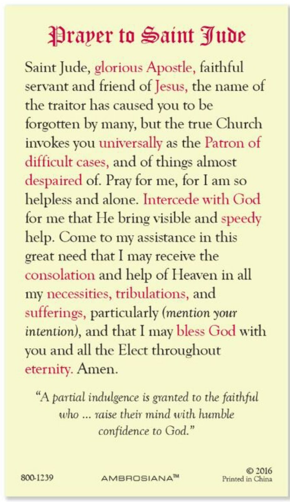 Laminated St. Jude Prayer Holy Card Patron of Hopeless Causes Catholic