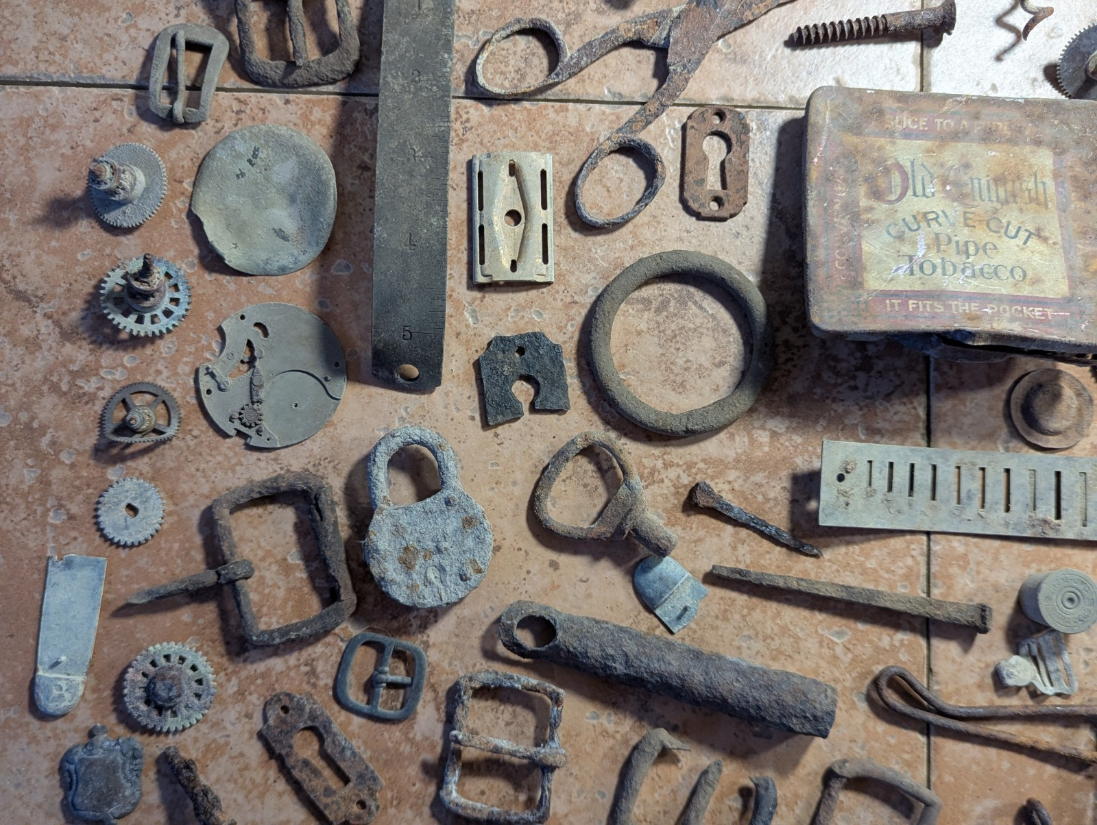 Dug Relics Vintage Iron Axle Grease Tin Door Knob Barrel Spigot Brass Ruler