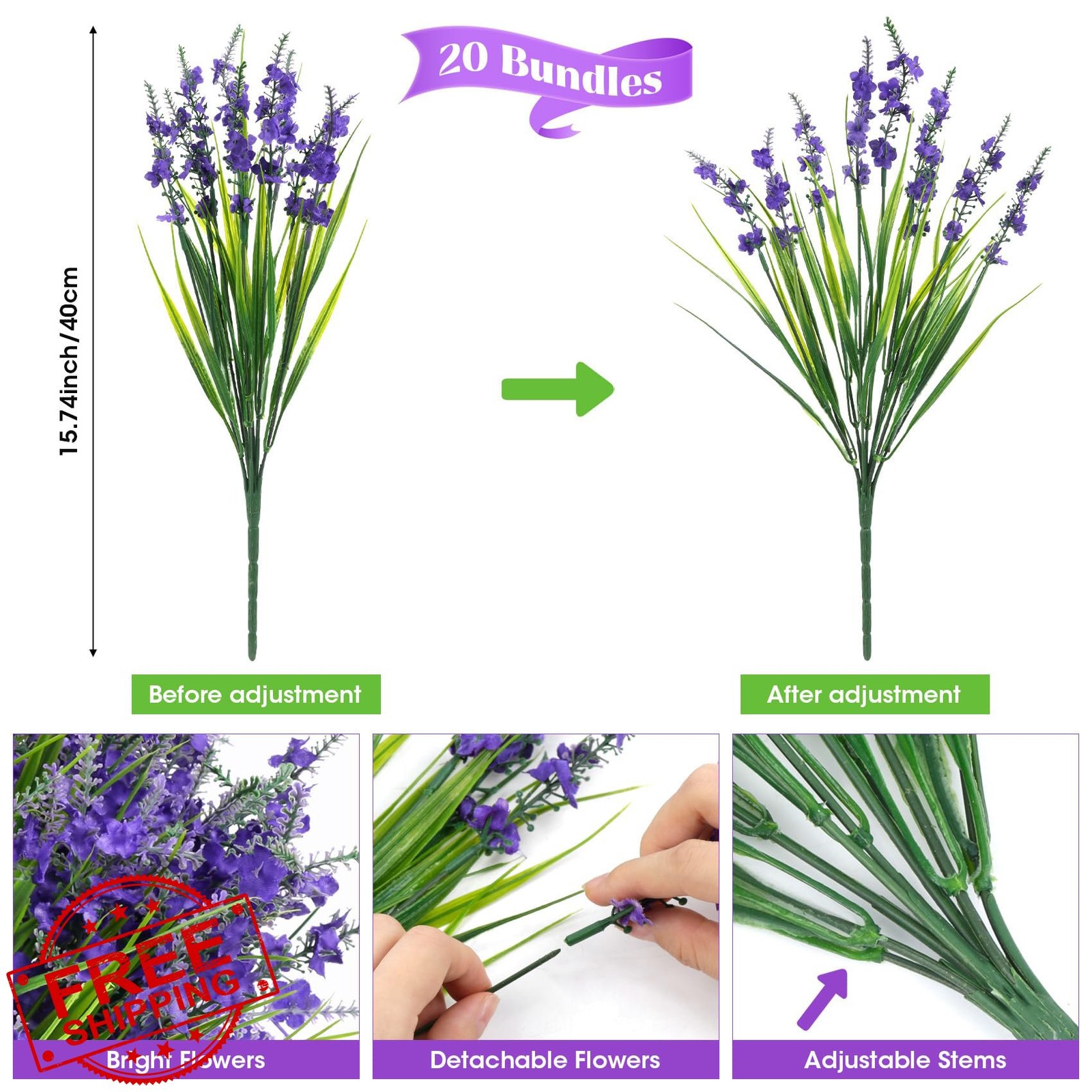 Besteek 20 Bundles Artificial Lavender Flowers Deep Purple UV Resistant