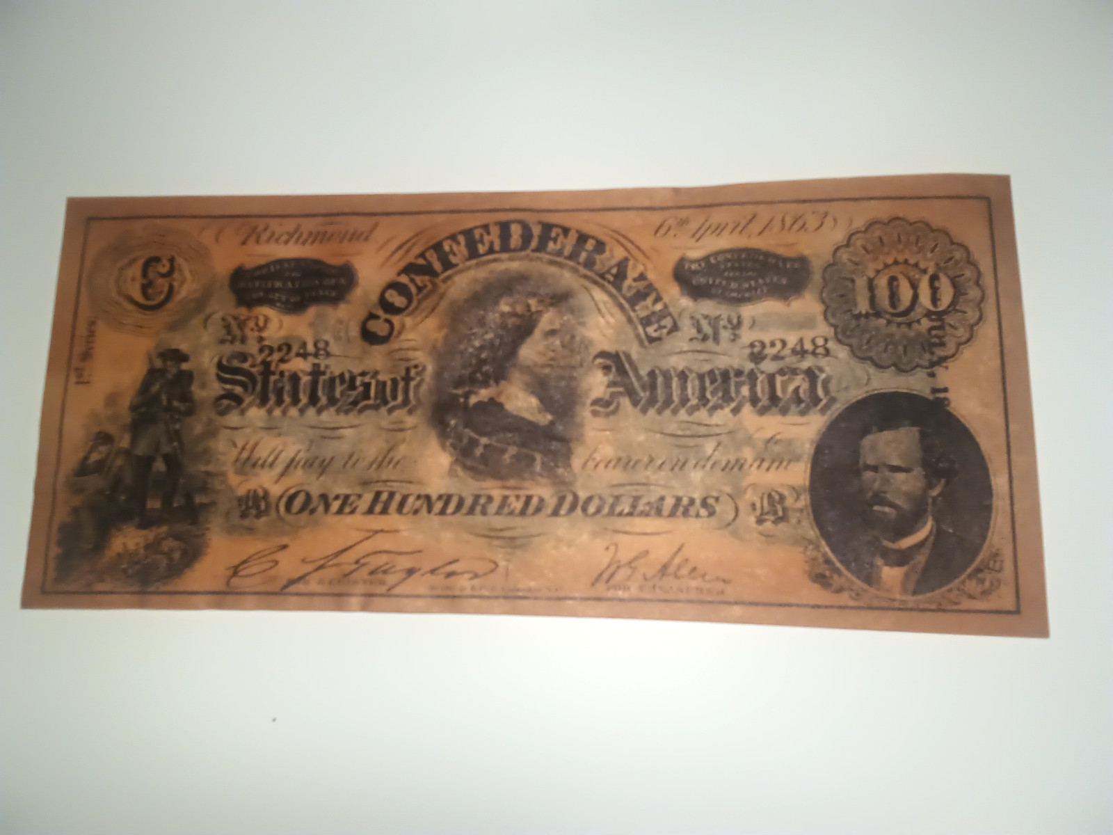 $100  1863 "Fake" Lucy Pickens Confederate currency reproduction