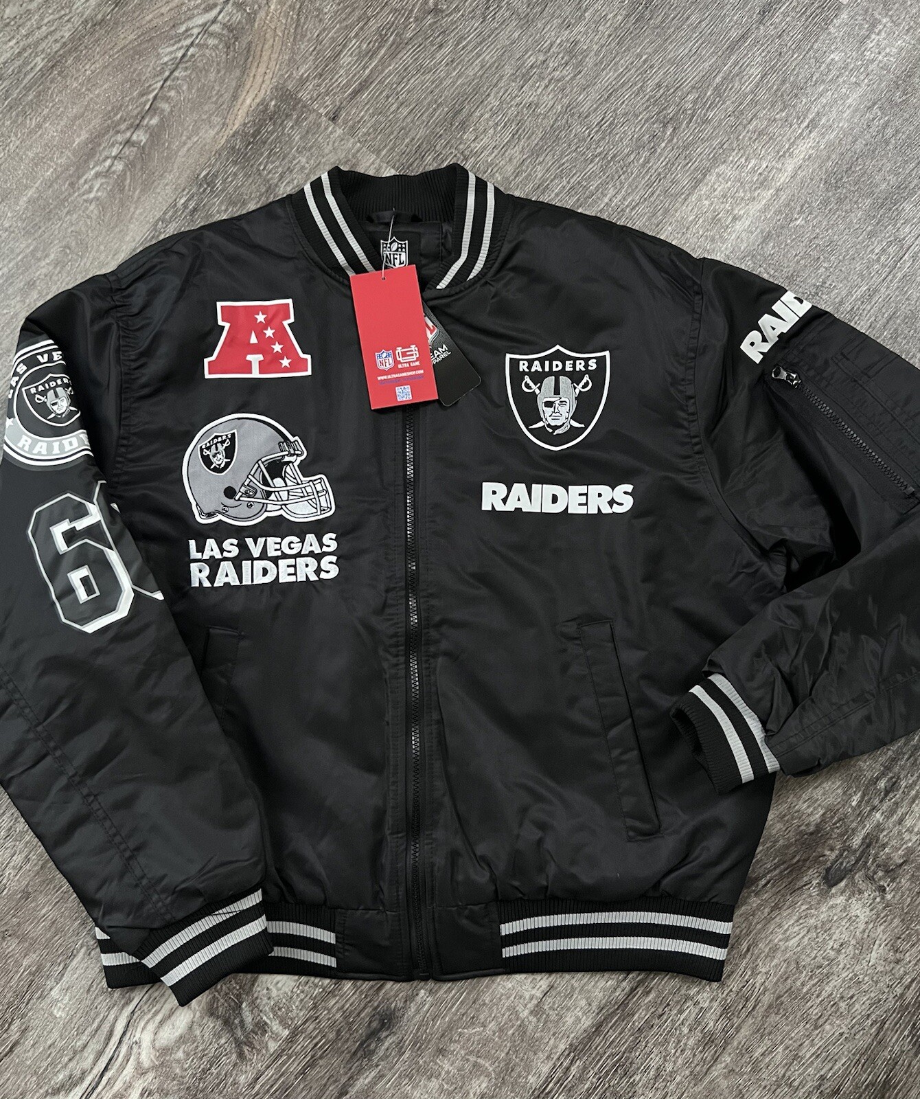 NFL Las Vegas Raider Bomber Varsity Jacket Letterman Black Grey Men sz M