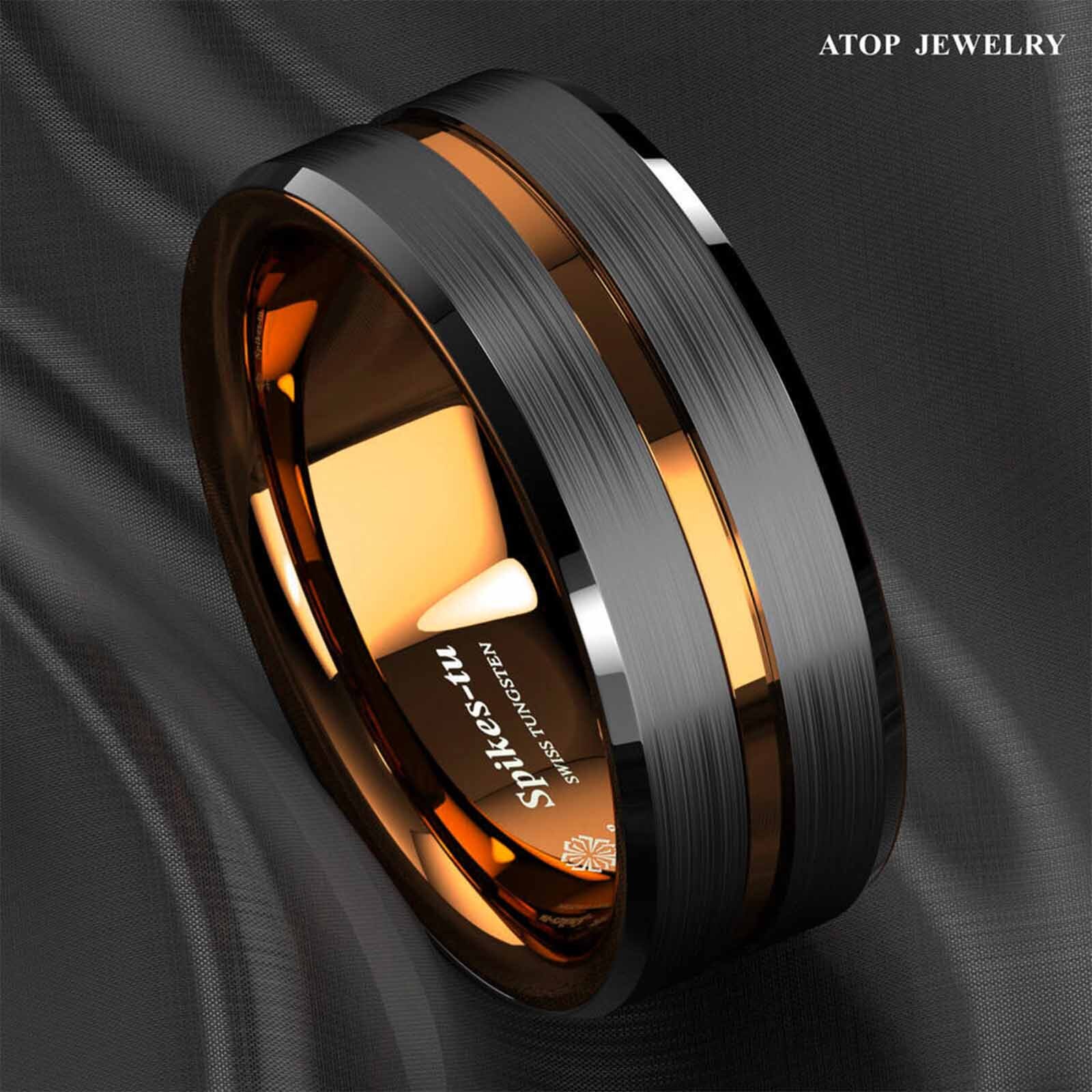 ATOP 8mm Black Tungsten Carbide Thin Orange Line Wedding Band Ring Men’s Jewelry