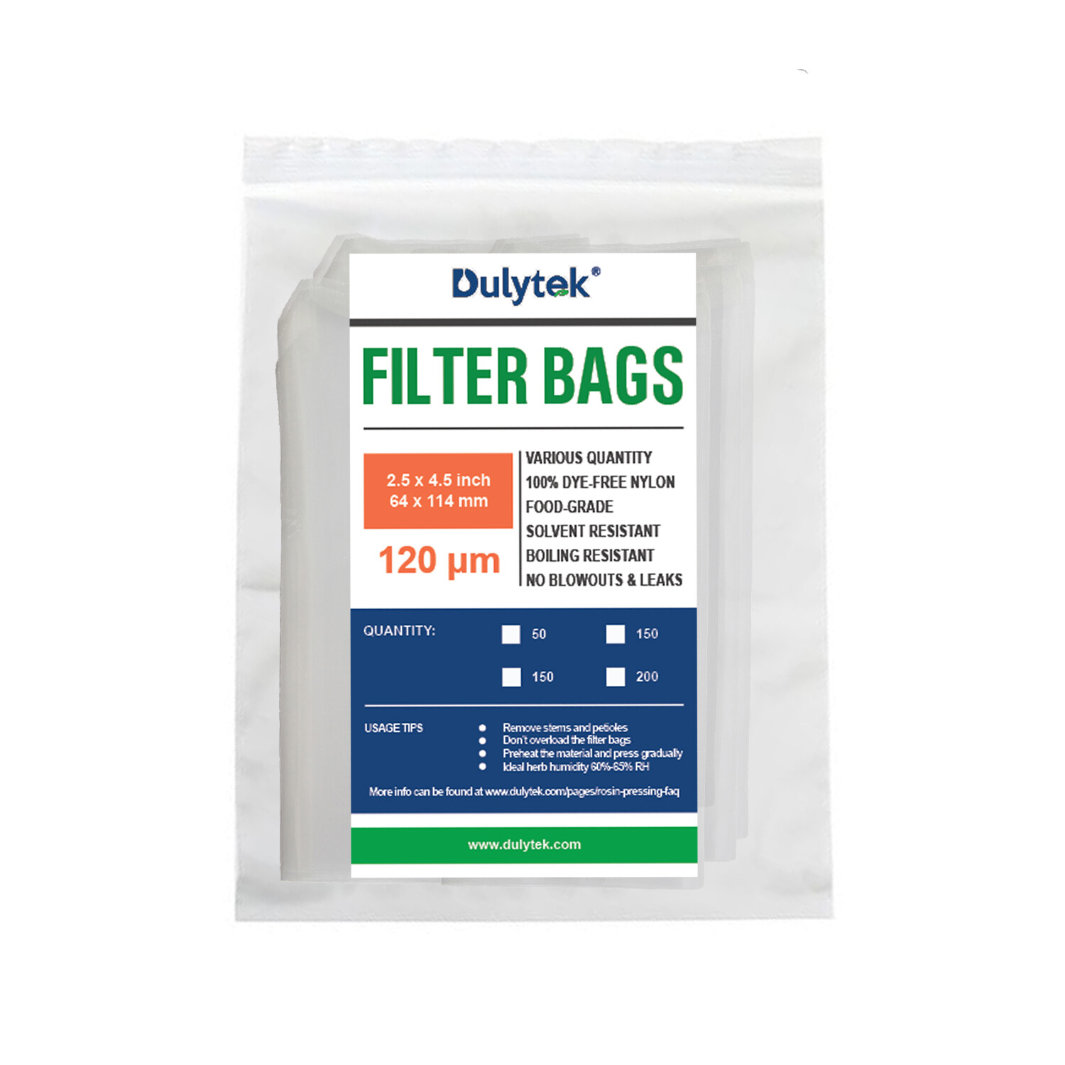 Dulytek Premium Heat Press Filter Bags, 2"x4", 120 Micron Mesh, 50pcs / Pack
