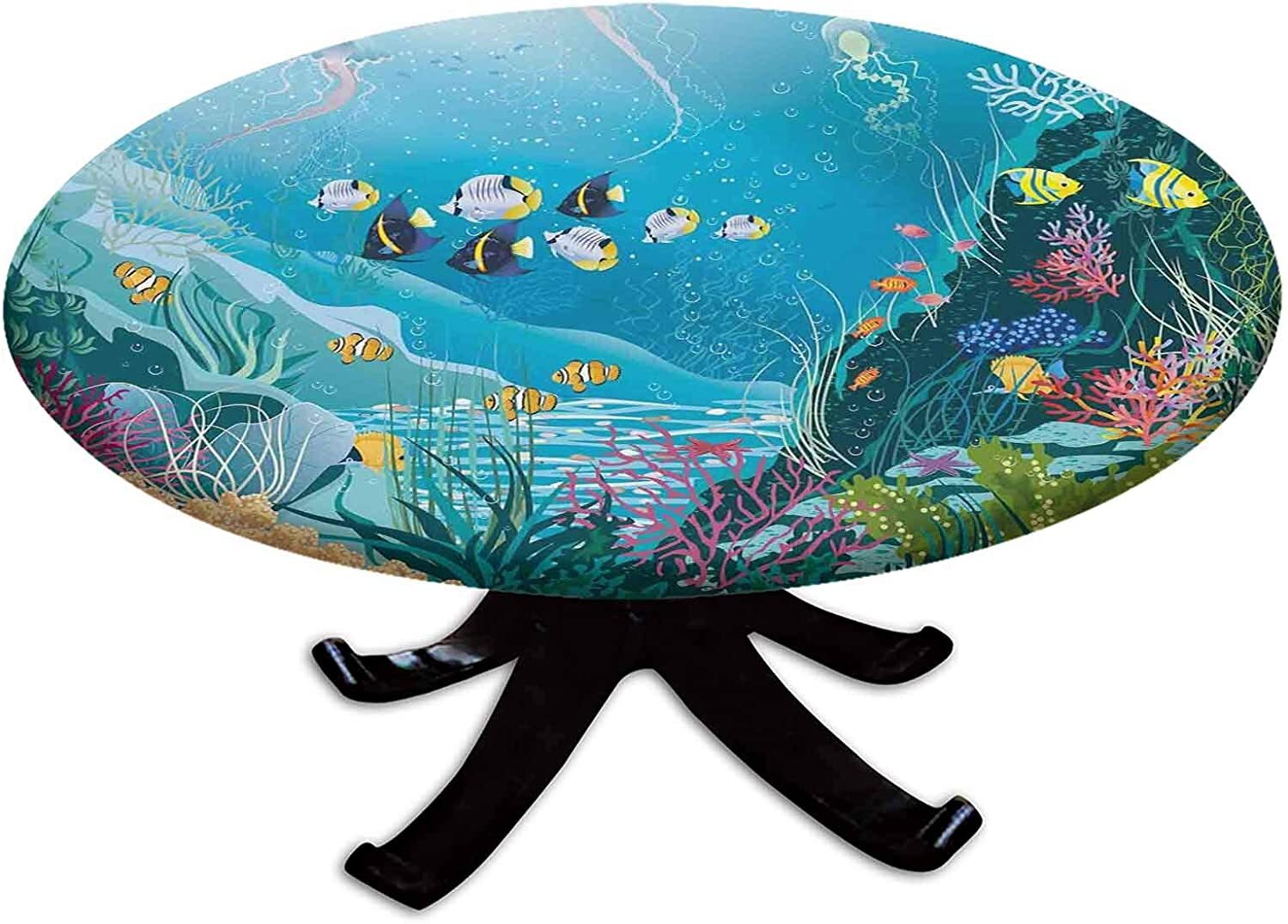 Marble Fitted Tablecloth Round, Edge Elastic Waterproof Polyester Table Covers