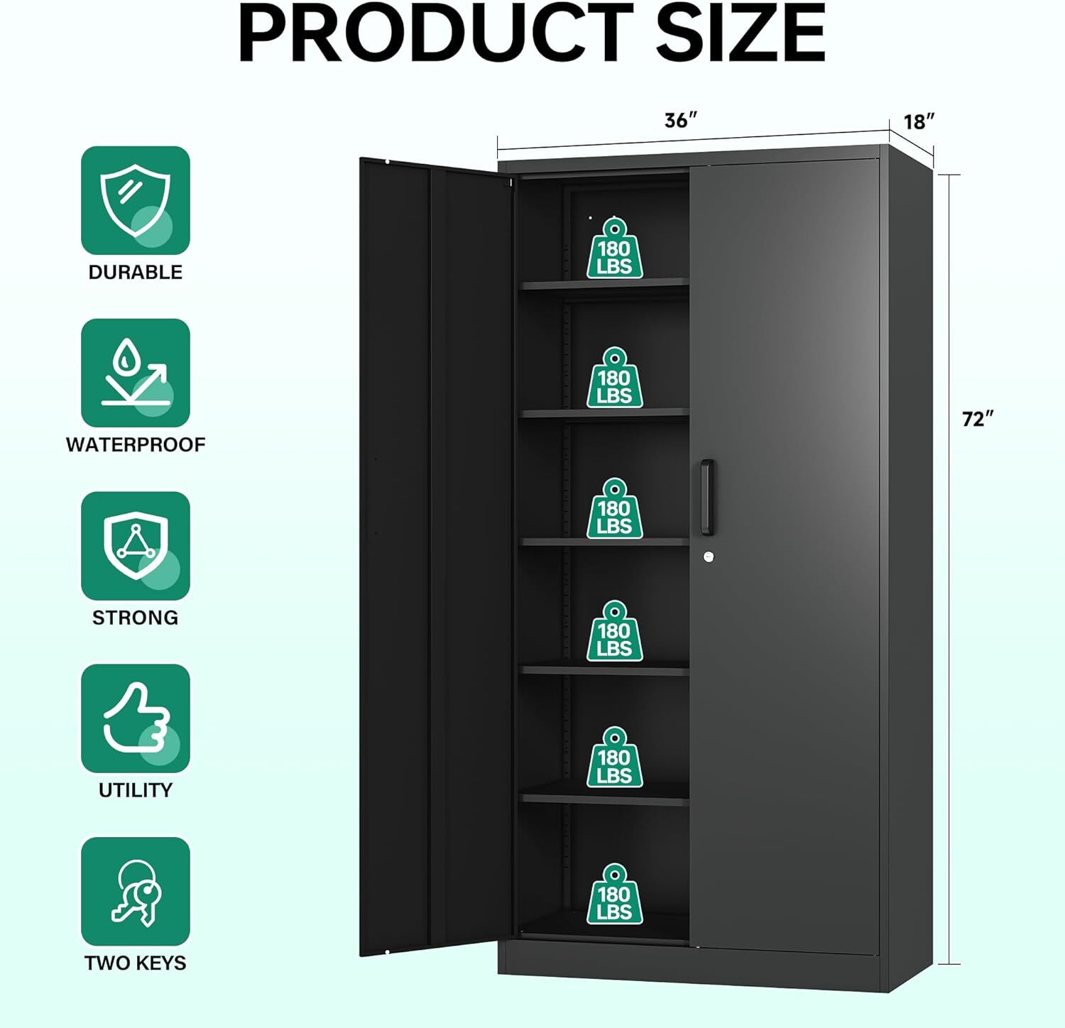 Metal Storage Cabinet with 2 Doors 5 Shelves,72 Garage Storage Cabinet with Lock