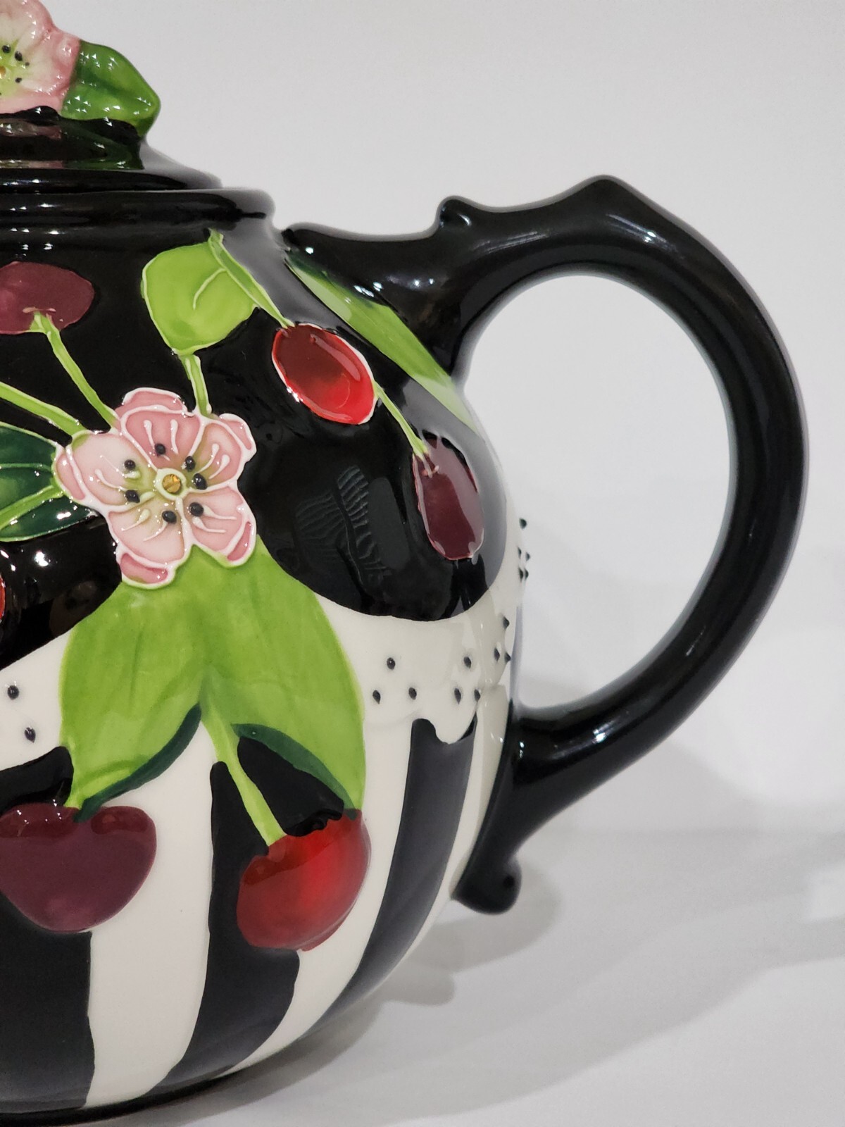 Blue Sky ICING ON THE CAKE Cherry Teapot Ceramic Floral Black White Engelbreit