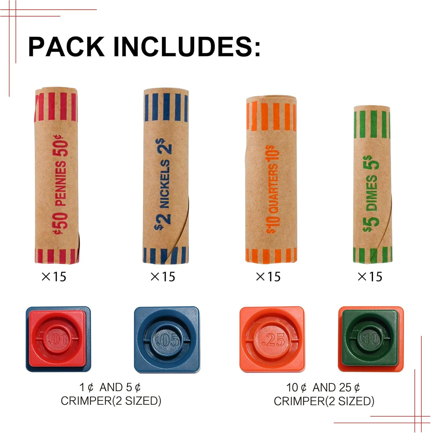60 Assorted Coin Roll Wrappers with Color Coded Coin Wrapper Crimping Tool -Q...