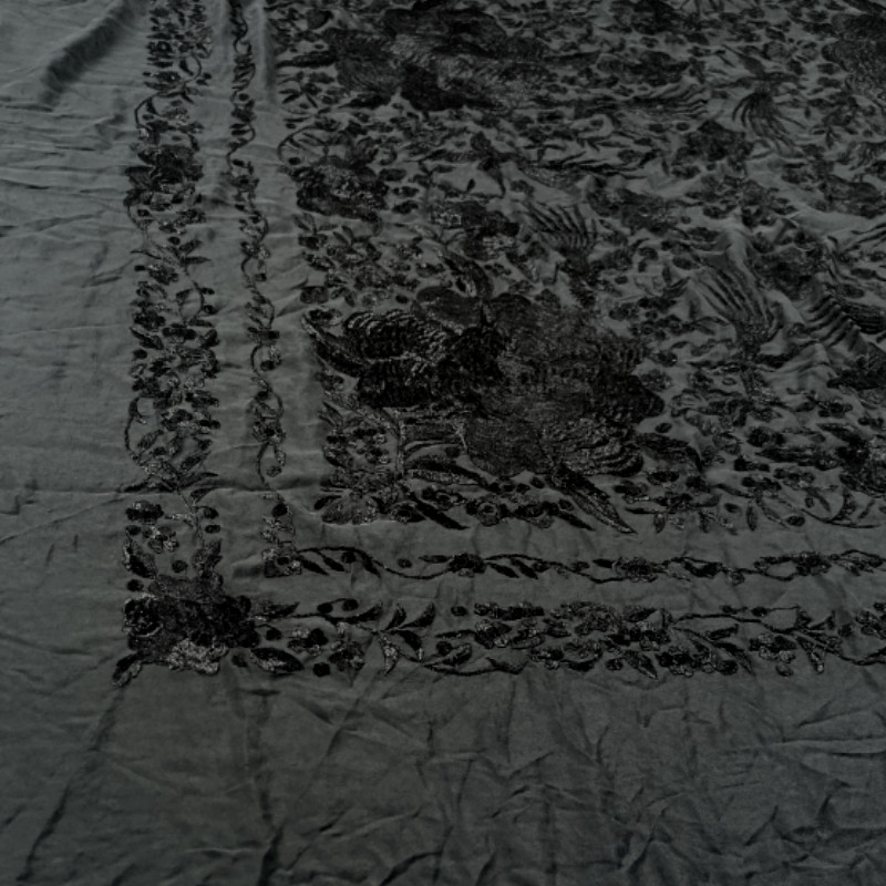 Antique Hand-Embroidered Silk Piano Shawl Wrap Floral Fringe 51" Vintage Luxury