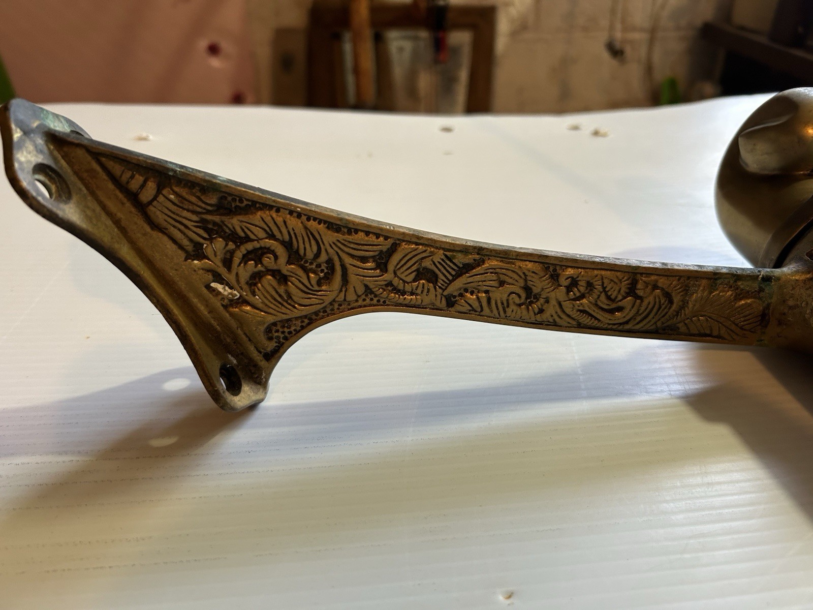 ANTIQUE BRASS BAR END RAIL AND FANCY DECORATED RAIL HANGERS