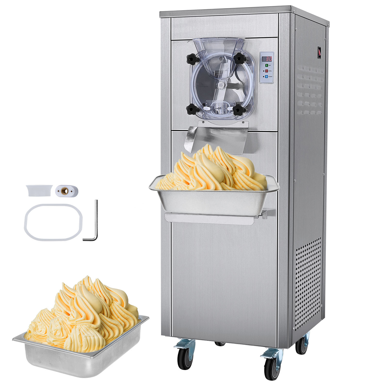 Commercial Hard Serve Ice Cream Machine Maker w/ Wheels 18L/H Auto Clean