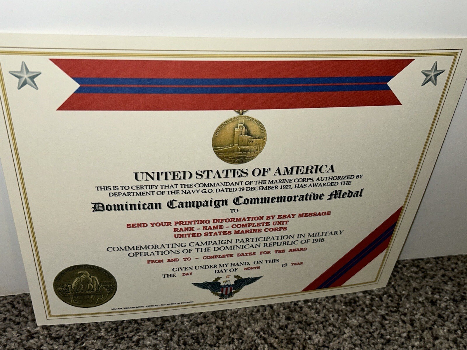DOMINICAN CAMPAIGN (USMC) COMMEMORATIVE MEDAL CERTIFICATE ~ W/PRINTING TYPE-1