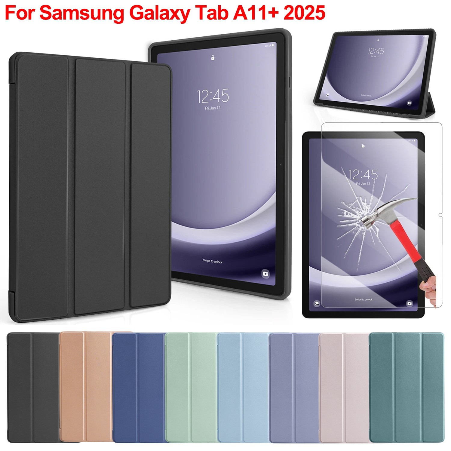 For Samsung Galaxy Tab A11+ 2025 11" Leather Stand Case / Glass Screen Protector