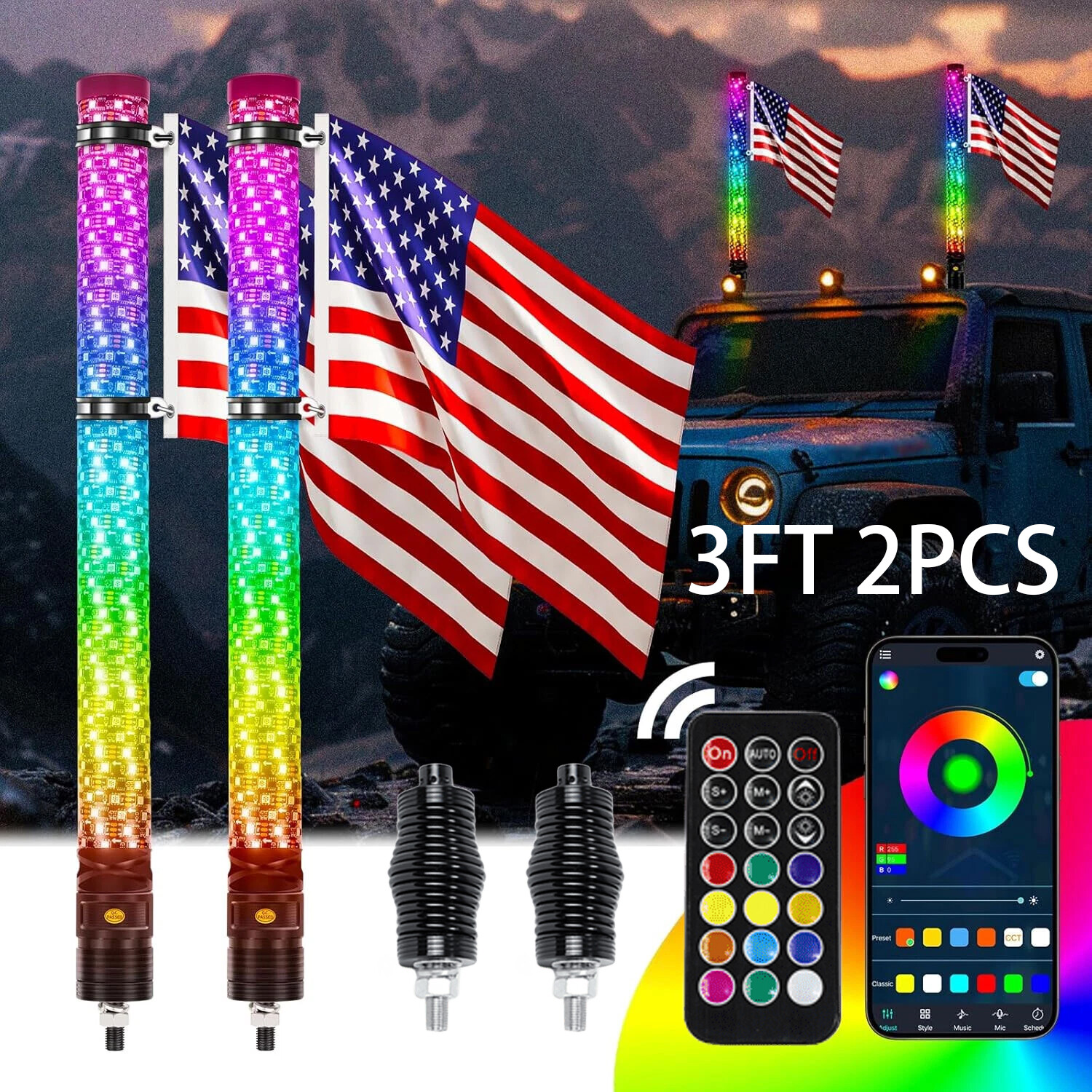 2x 1~3FT Thick LED Whip Spiral Chasing RGB Fat Whip Light For Can Am Polaris RZR