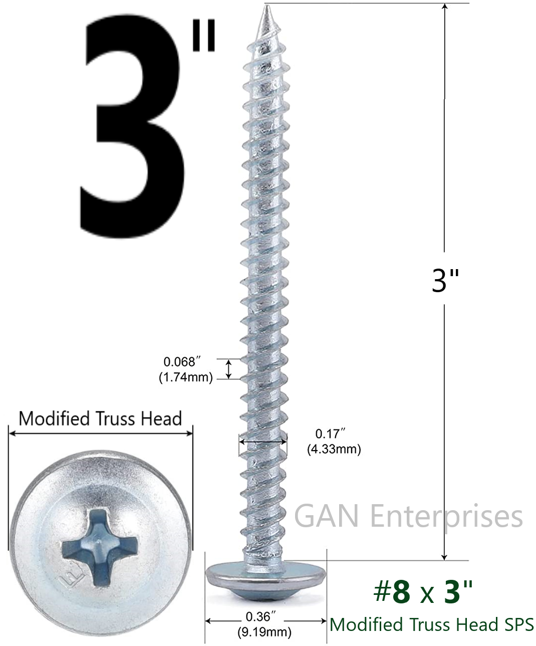 Modified Truss Head Phillips Self piercing sharp point screws #8 x 1/2"- 3" Zinc