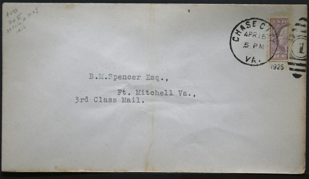 Cover - True 3 Cent Bisect to 1 1/2 Ct 3rd Class Mail rate - Chase Va S10