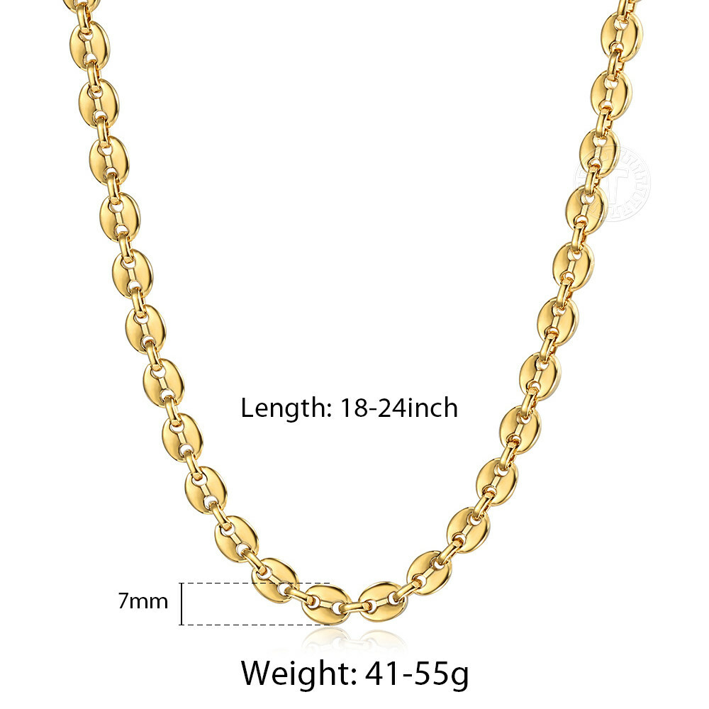 7/9/11mm Men Coffee Beans Marina Link Chain Necklace Gold Plated Stainless Steel
