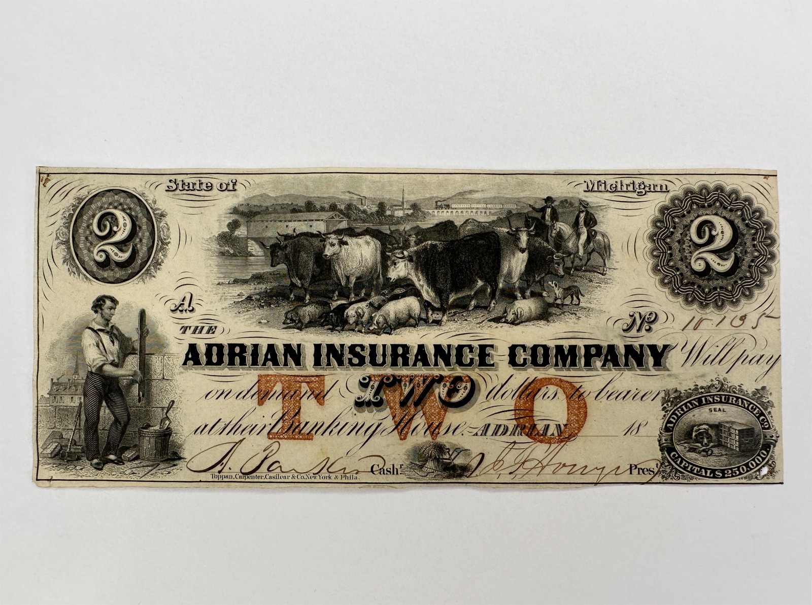1853 $2 Adrian Insurance Company Michigan Obsolete Bank Note Two Dollars Bill MI
