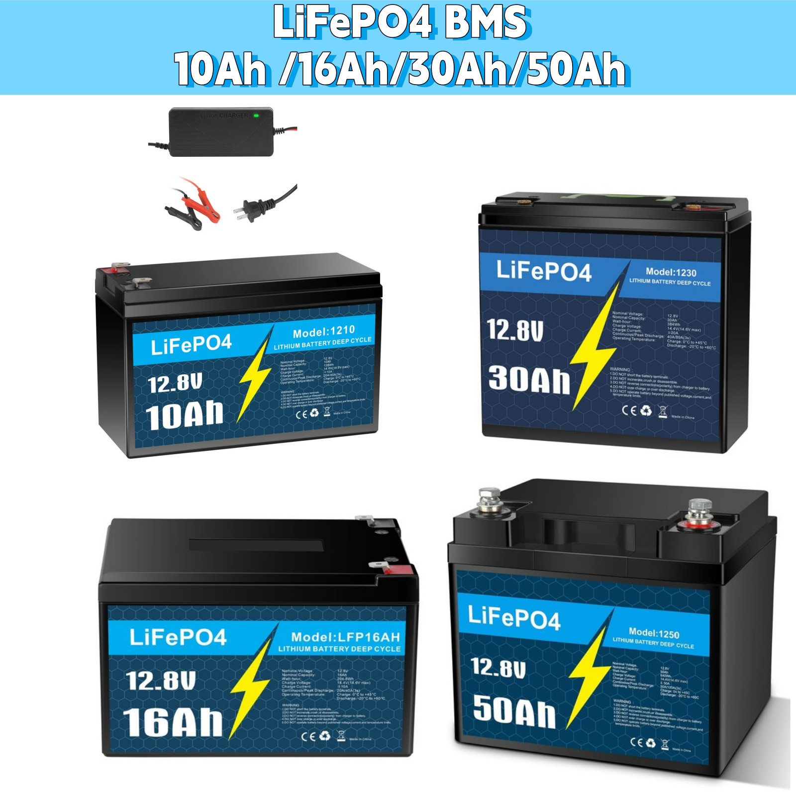 12V 10Ah 30Ah 50Ah  BMS LiFePO4 Lithium Battery  with Charger for RV Marine Lot