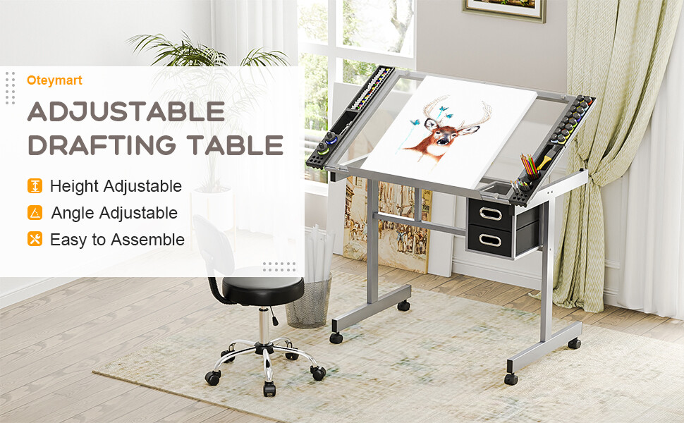 Drafting Table on Wheels Adjustable Glass Tabletop Drawing Desk w/Storage Drawer