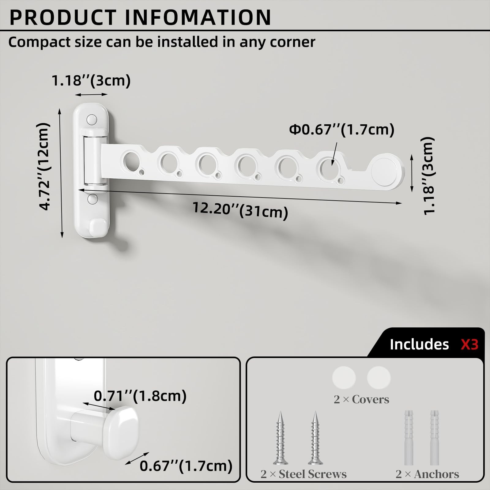 Wall Mounted Clothes Hanger Rack Foldable Drying Rack Hook Folding Indoor for...