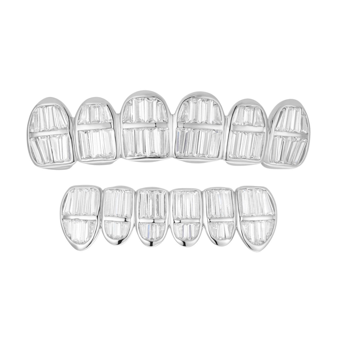 Real 925 Sterling Silver ICED Baguette Rapper GRILLZ Teeth Top & Bottom Set ICY