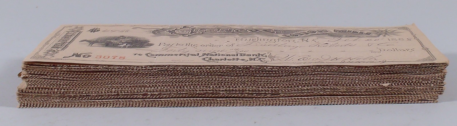 WHOLESALE Lot 100 Bank Checks Glencoe Cotton Mills Burlington, NC 1880's/1890s