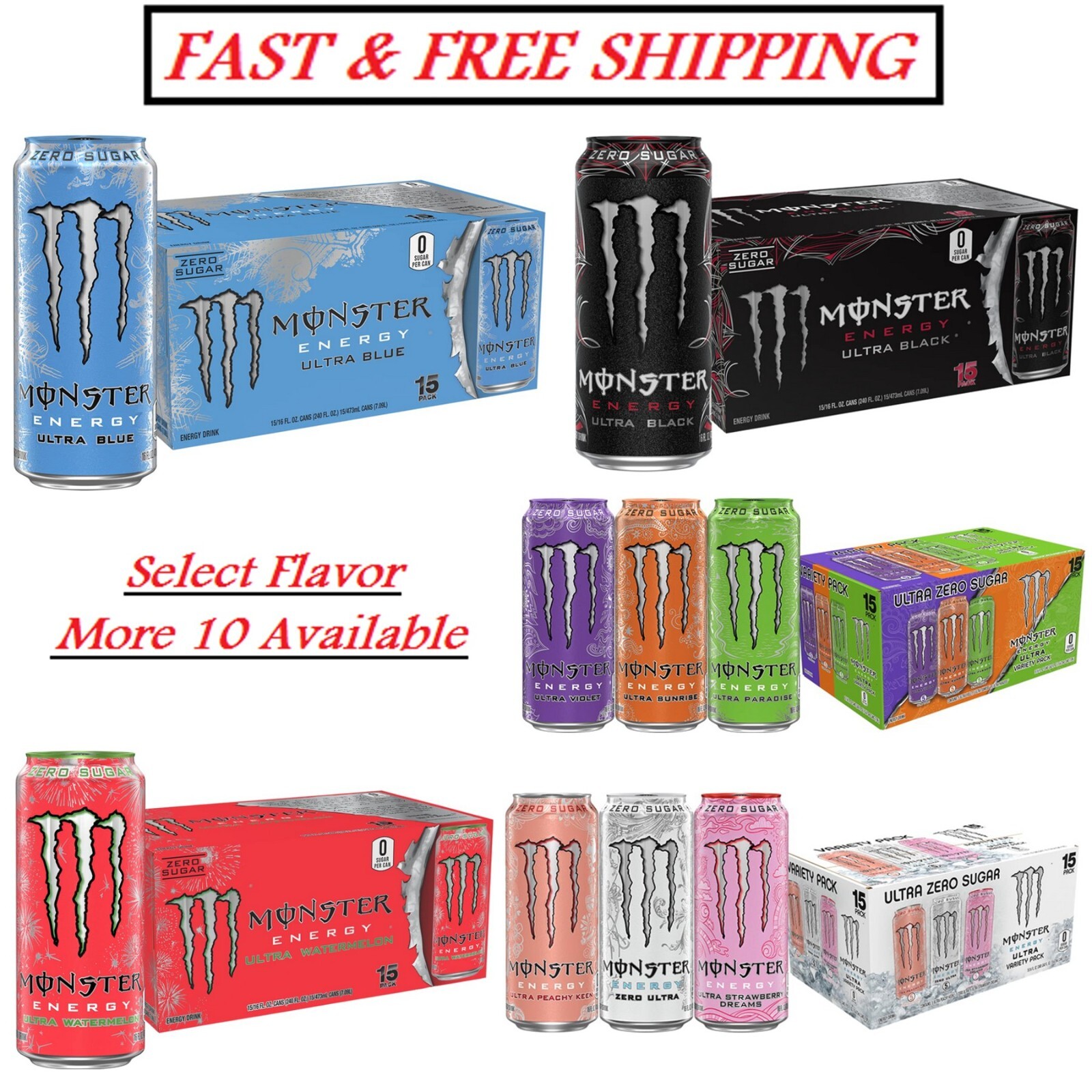 Monster Energy Ultra, Sugar Free Energy Drink, 16Ounce,Pack of 15, Select Flavor