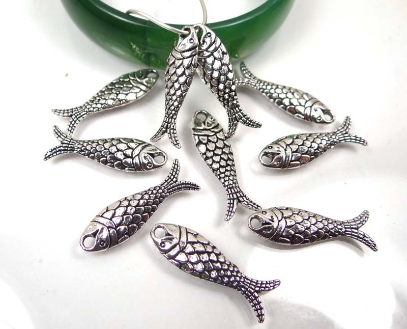 10 Antique Silver Pewter Fish Bead Charms 24x7mm