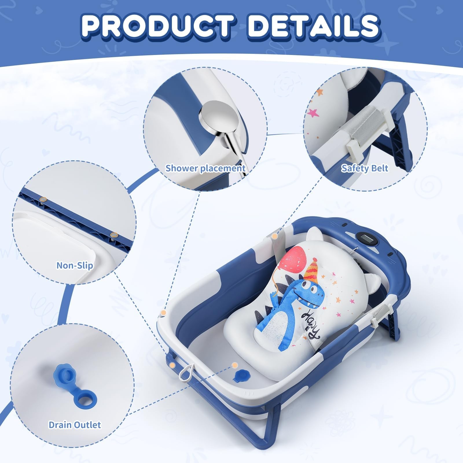 Baby Bathtub,Collapsible Baby Bath Tub with Thermometer & Soft Floating Cushi...