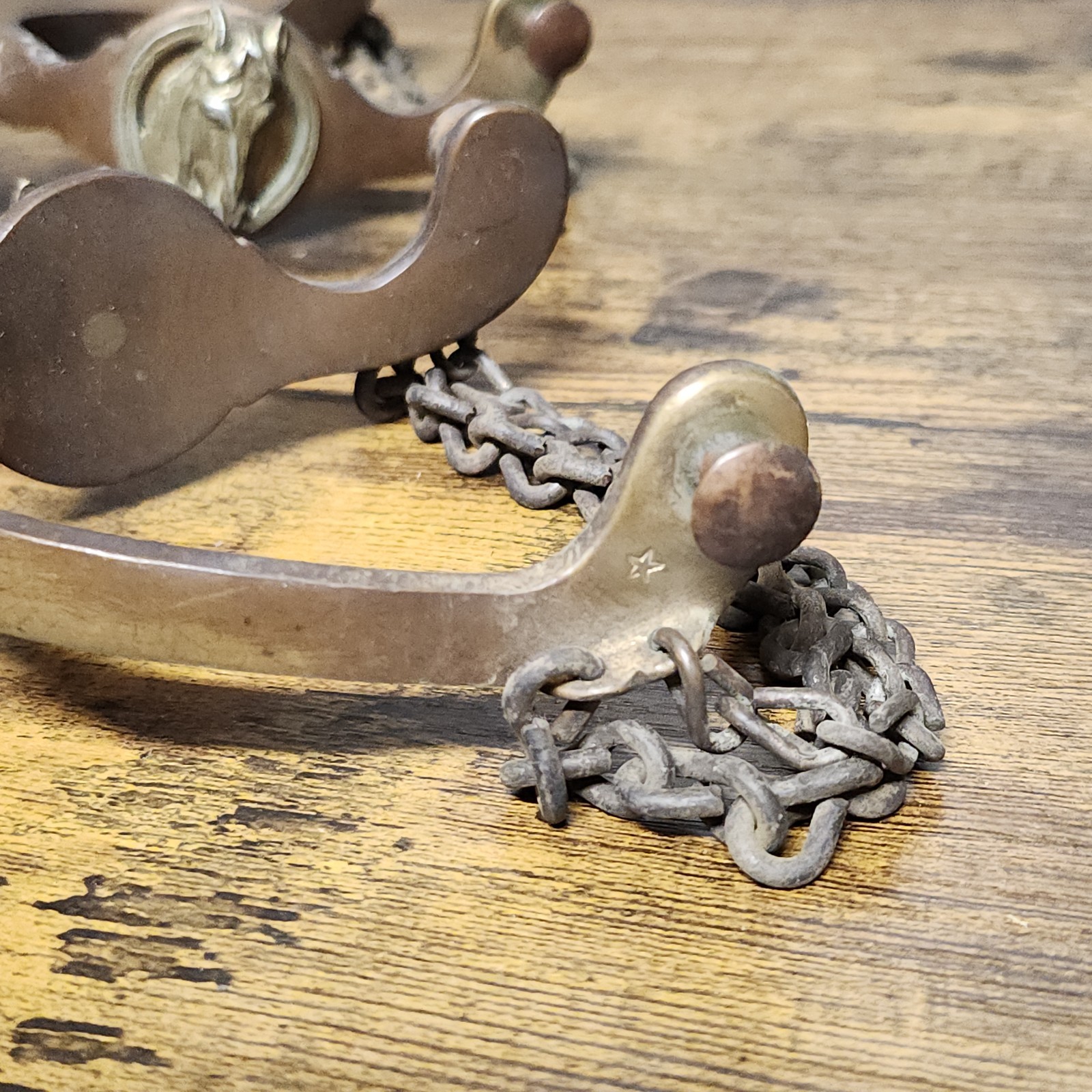 Antique Horse Head Western Spurs Star Mark August Buermann Era Bronze Toned