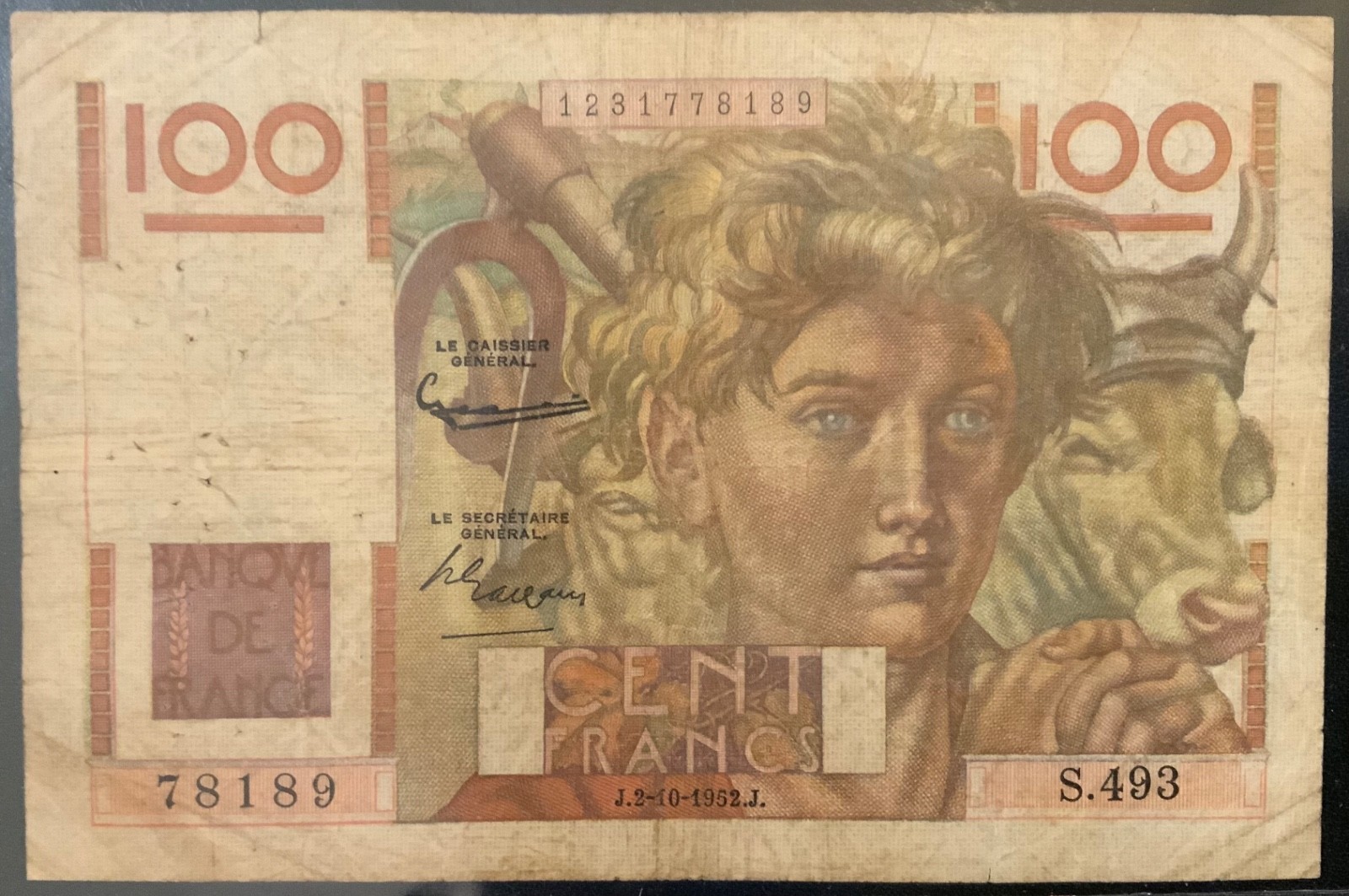 1952 FRANCE PAPER MONEY - 100 FRANCS BANKNOTE!