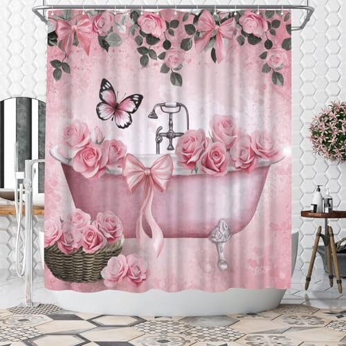 Bow Shower Curtain Rose Flower Butterfly Bathtub Painting Printed Cute Pink