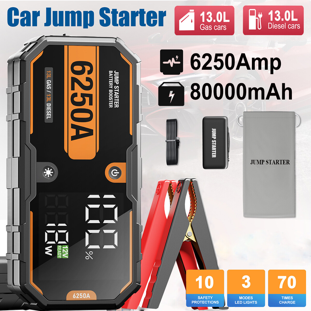 Portable 6250A Jump Starter Box Heavy Duty Truck Battery Booster Pack Power Bank