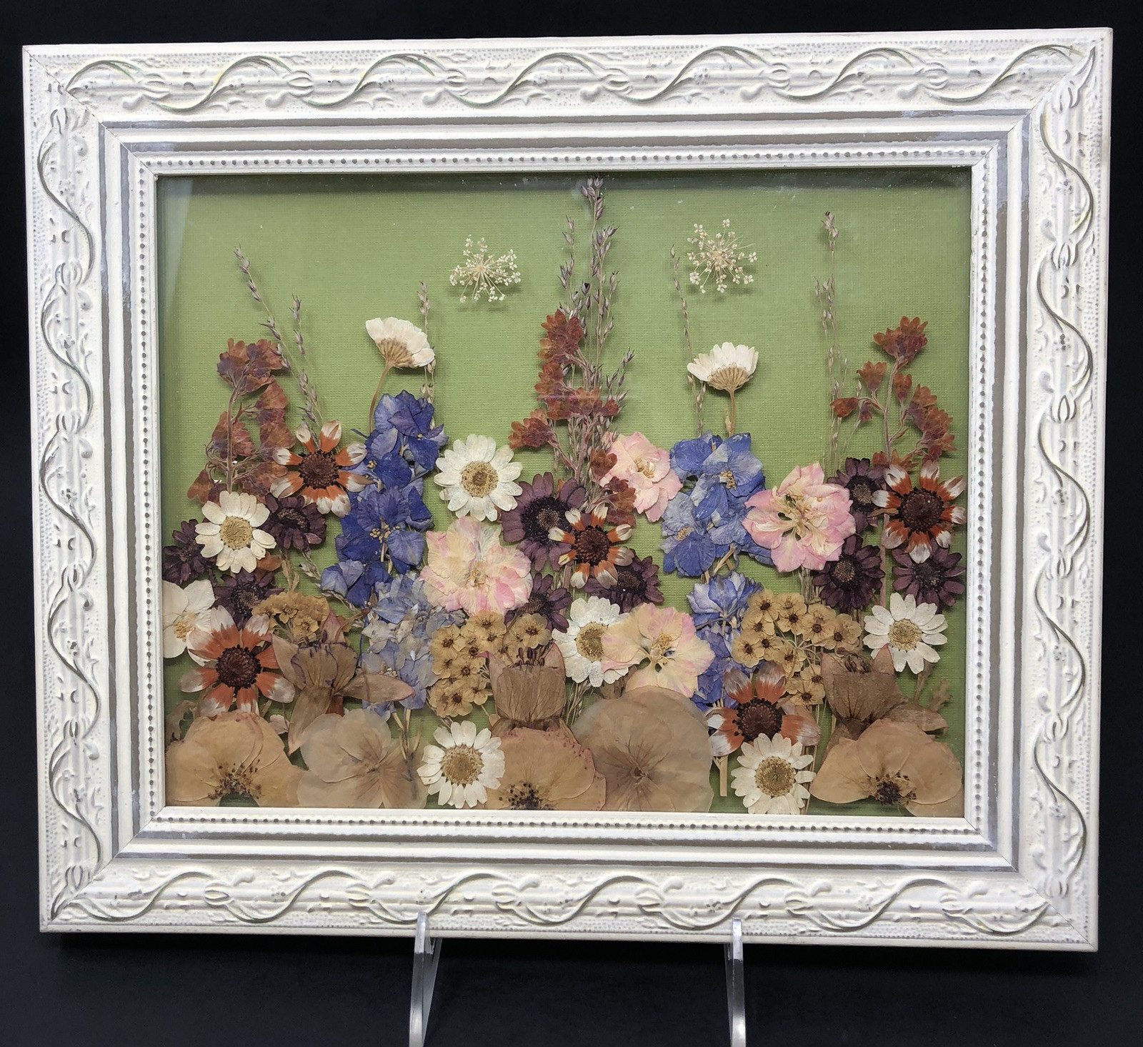 Framed Pressed Flowers Distressed Frame 12.5" x 10.5" Cottagecore Country Chic