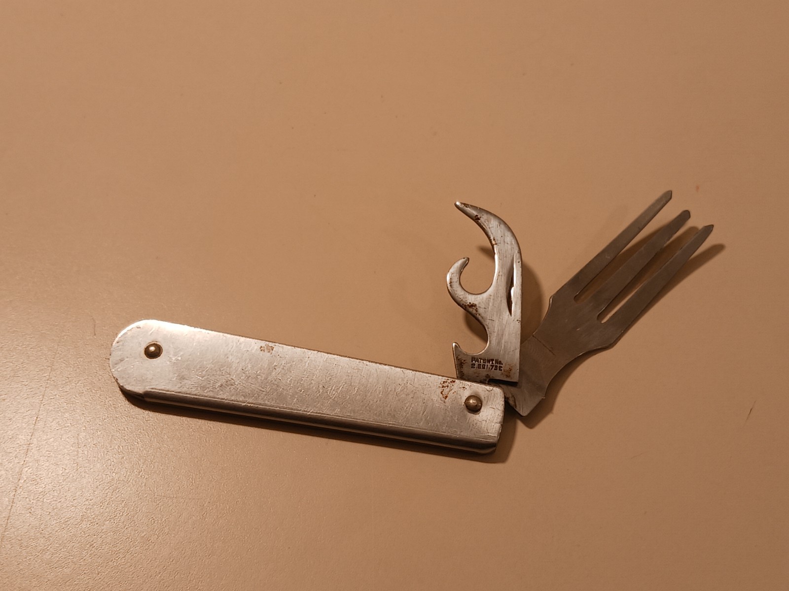 Vintage Imperial USA Folding Fork Can Opener Tool 1945 Patent 2391732 Mess Kit