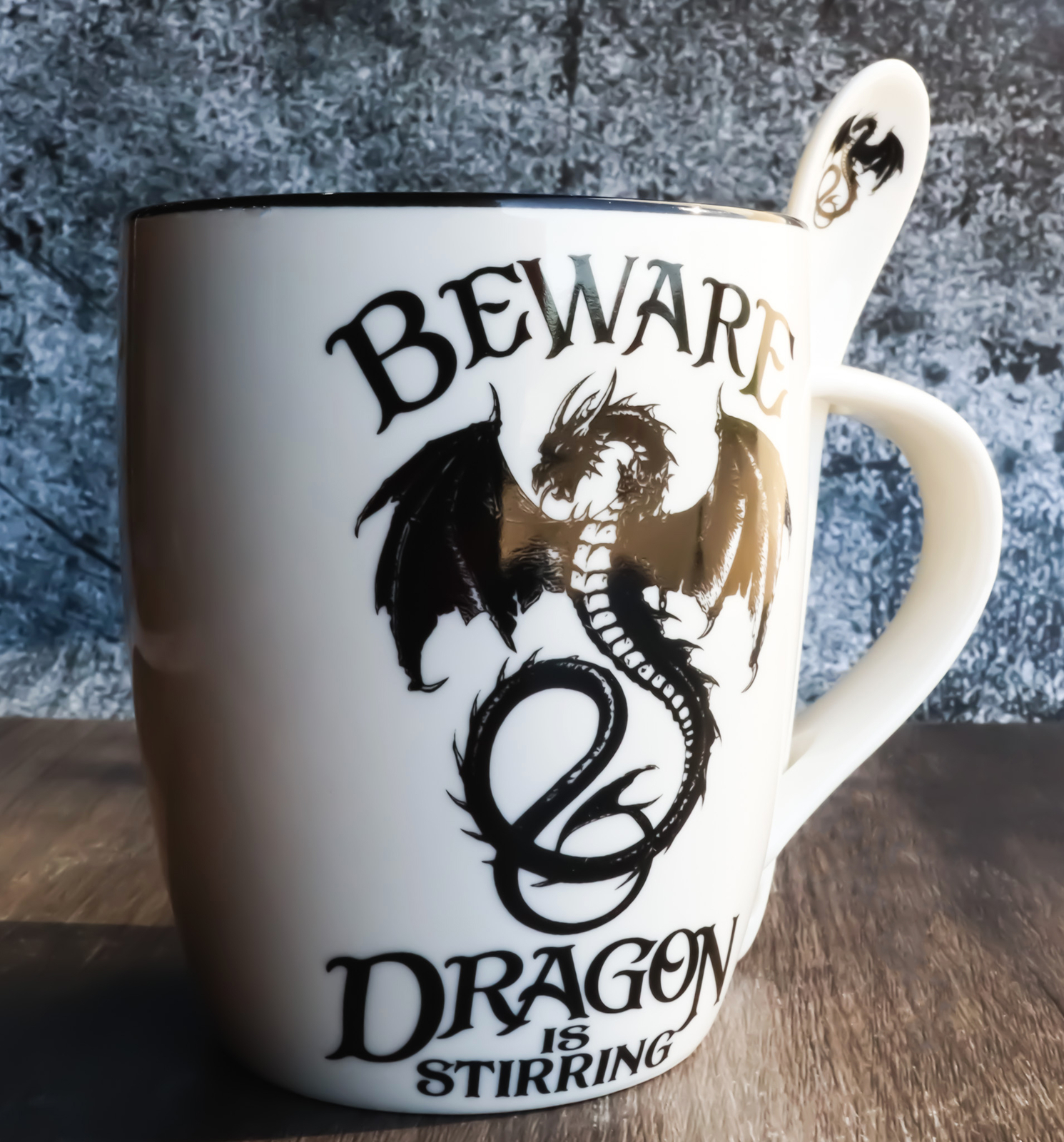 Ebros Altar Drake Beware Dragon Is Stirring Cocoa Tea Coffee Cup Mug & Spoon Set